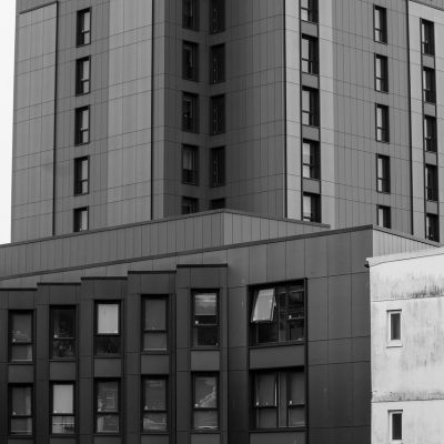 building, apartment building, architecture, city, cityscape, town, urban, high-rise building, apartment, downtown, black and white